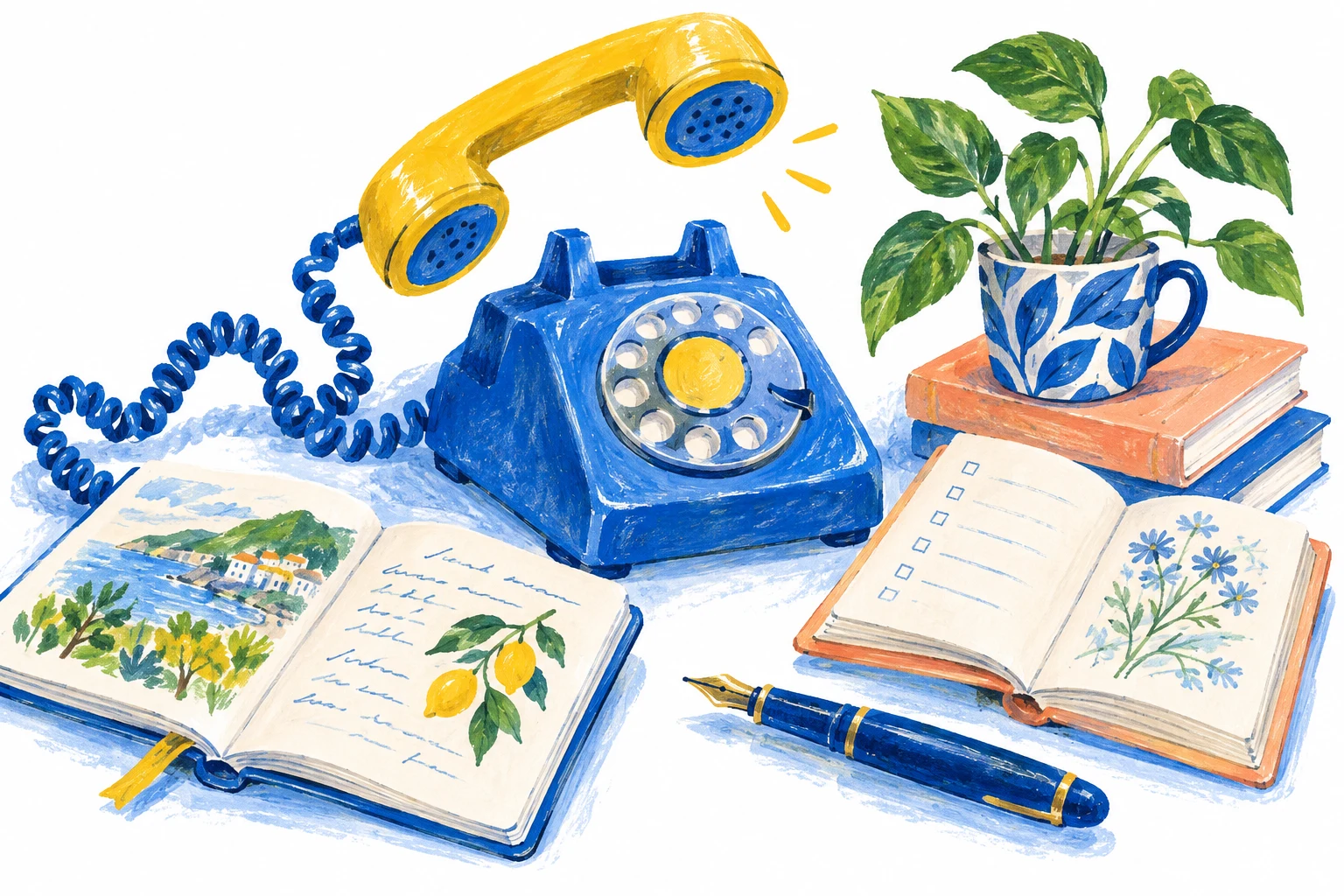 会話と相談を表す、青い電話とノートのイラスト