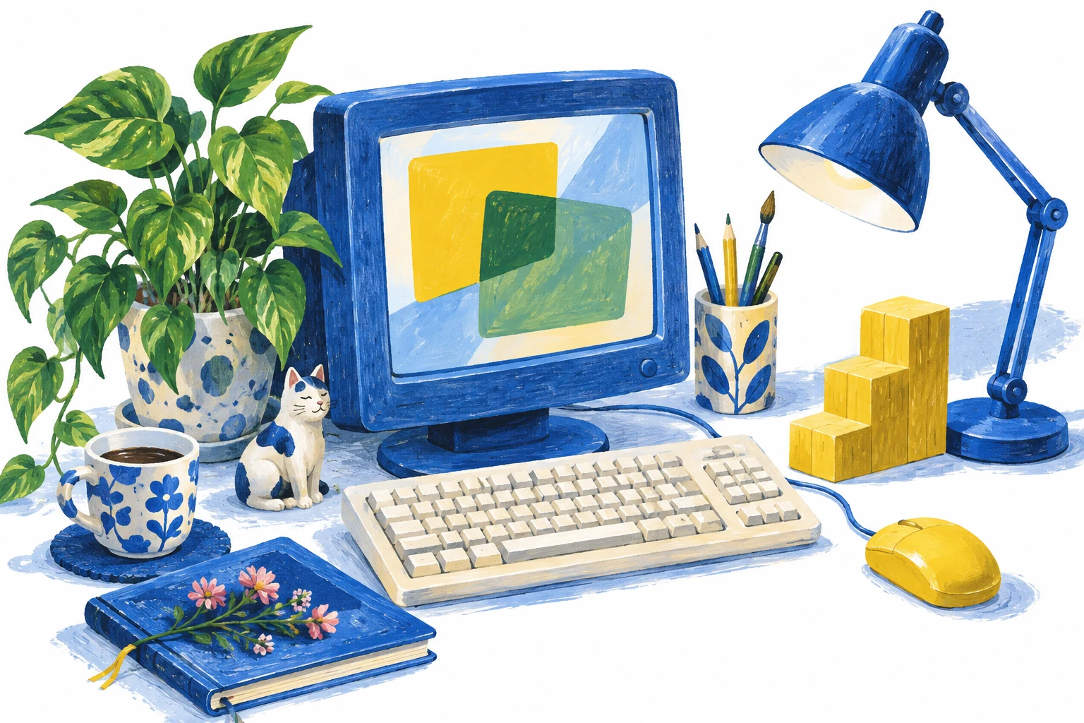パソコンと積み木のイラスト