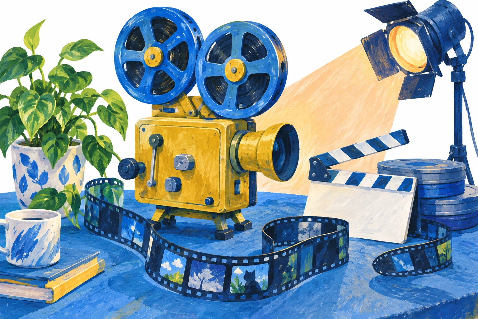 黄色い映写カメラとフィルムのイラスト