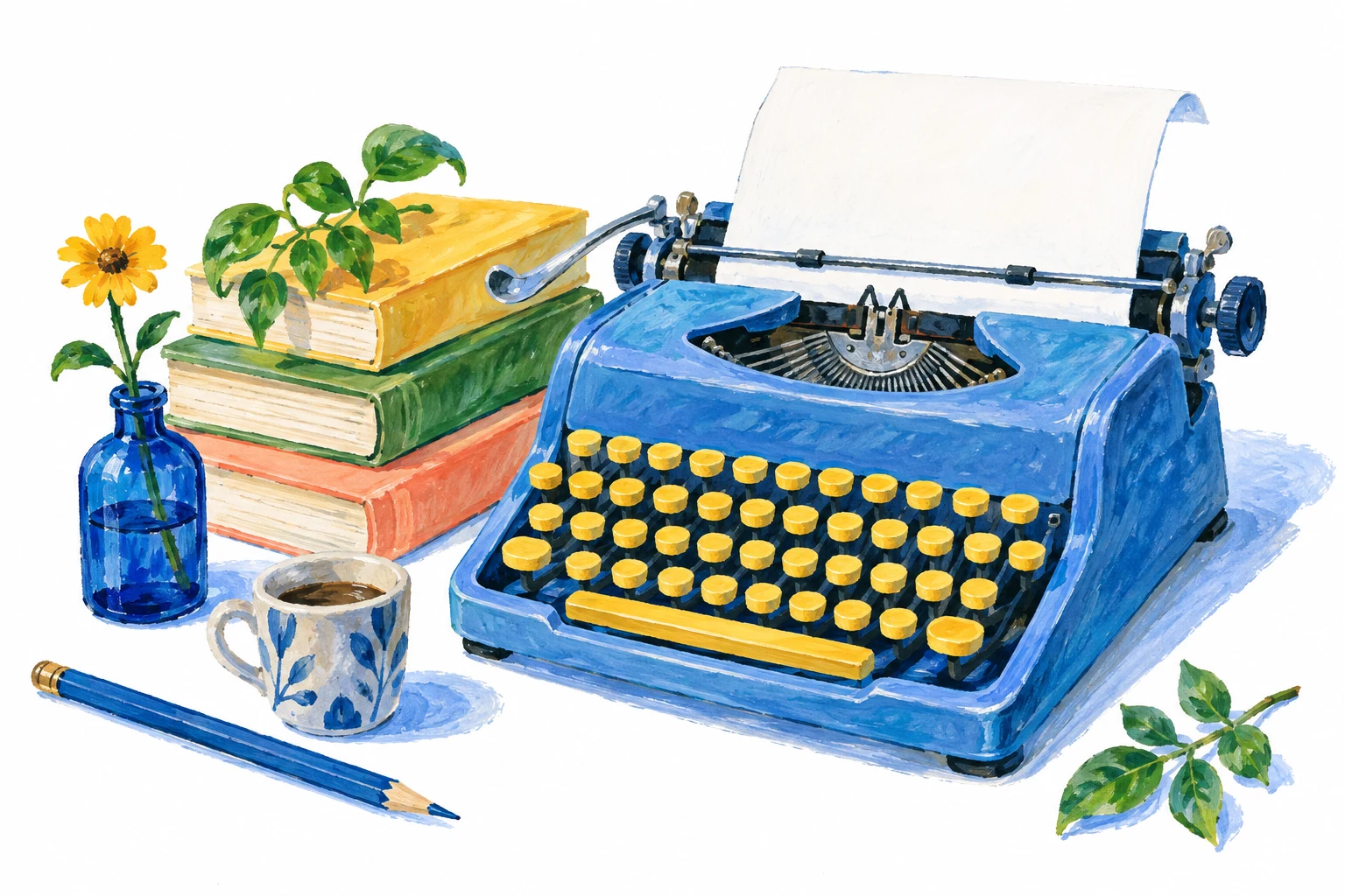 青いタイプライターと本のイラスト